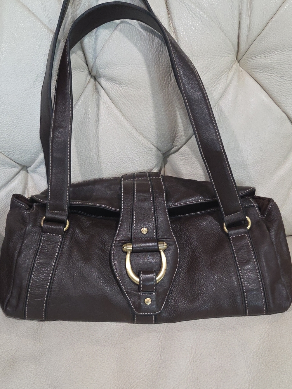 Y2K Dark Brown Leather Shoulder Bag with Gold Hardware
